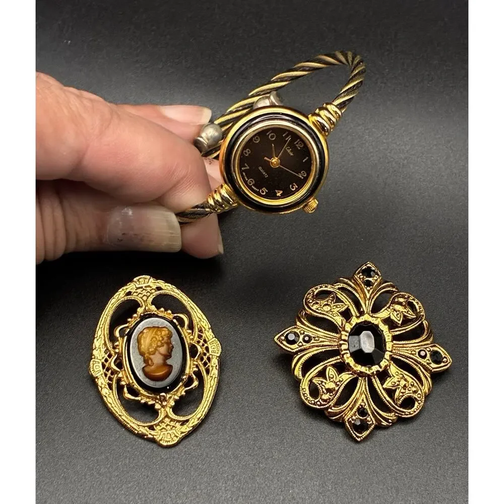 Cameo Pin Set Black And Gold Collezieo Watch, Filagree Cabochon Pendant